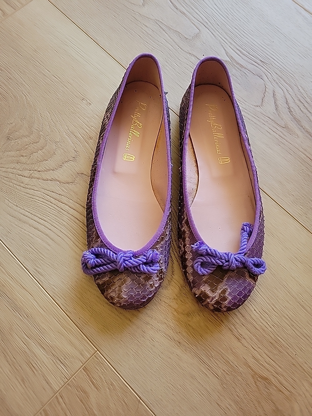 Pretty Ballerinas Purple Snakeskin Leather Ballet Flat Braided Bow Sz 37 7